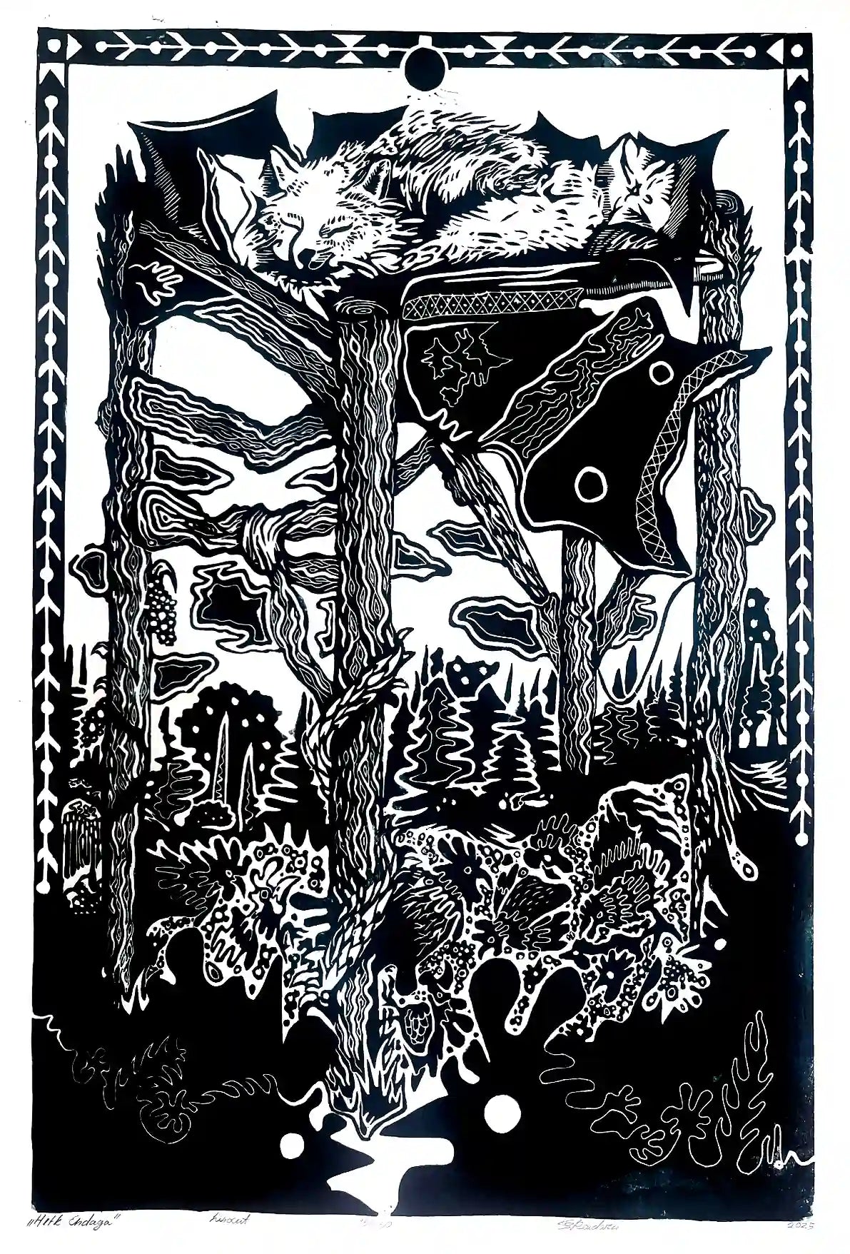 linocut print fox in forrest. Black on white background. Inspired by estonian folklore