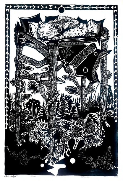 linocut print fox in forrest. Black on white background. Inspired by estonian folklore