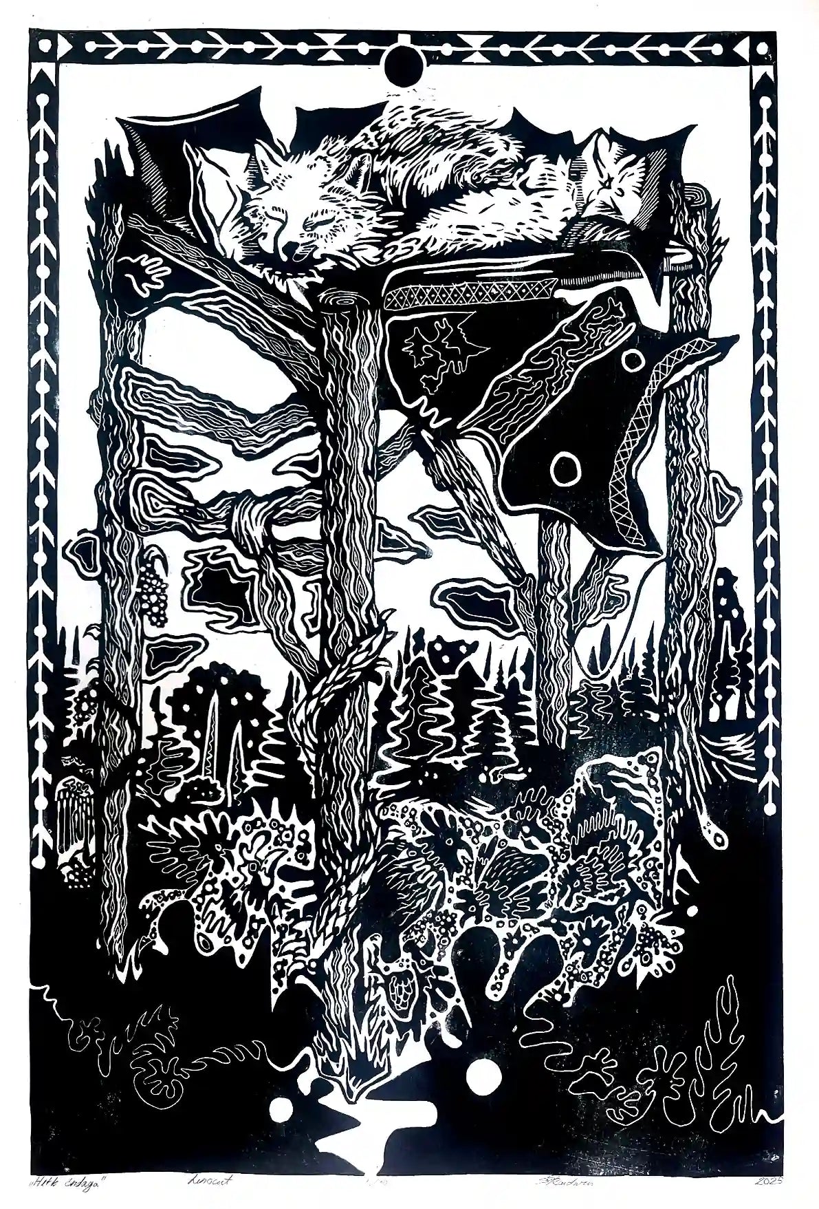 linocut print fox in forrest. Black on white background. Inspired by estonian folklore