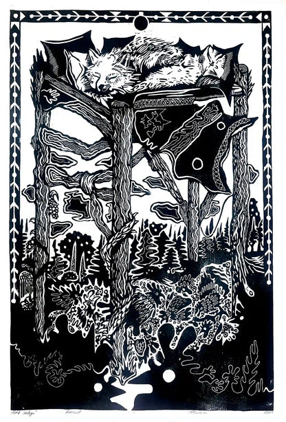 linocut print fox in forrest. Black on white background. Inspired by estonian folklore