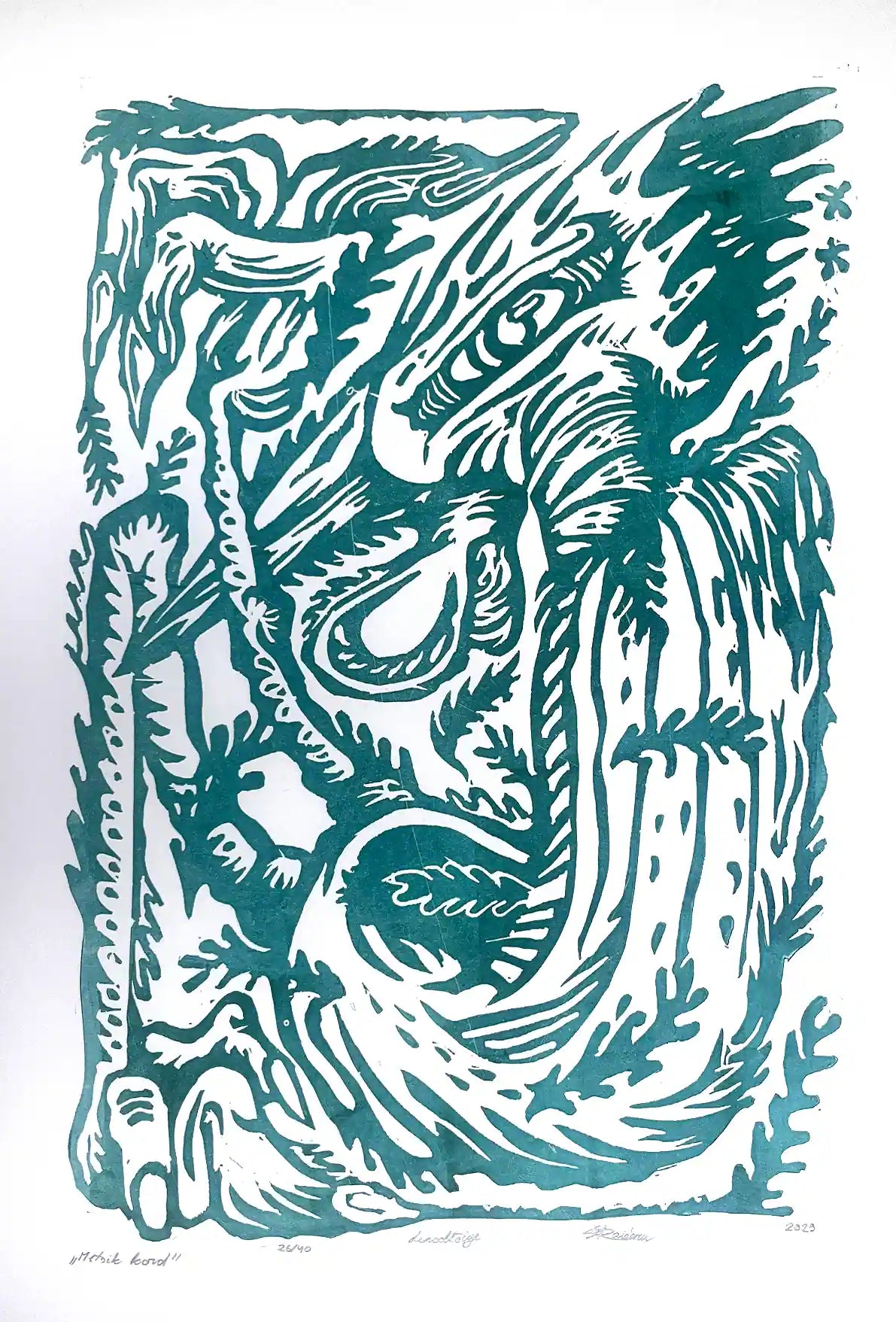 Linocut birld on a white background, inspired by estonian folklore