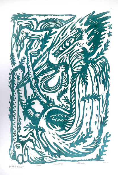 Linocut birld on a white background, inspired by estonian folklore