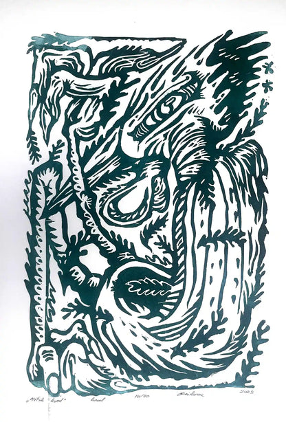 Linocut birld on a white background, inspired by estonian folklore