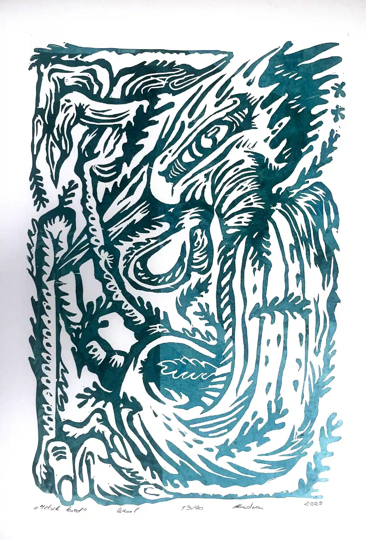 Linocut birld on a white background, inspired by estonian folklore