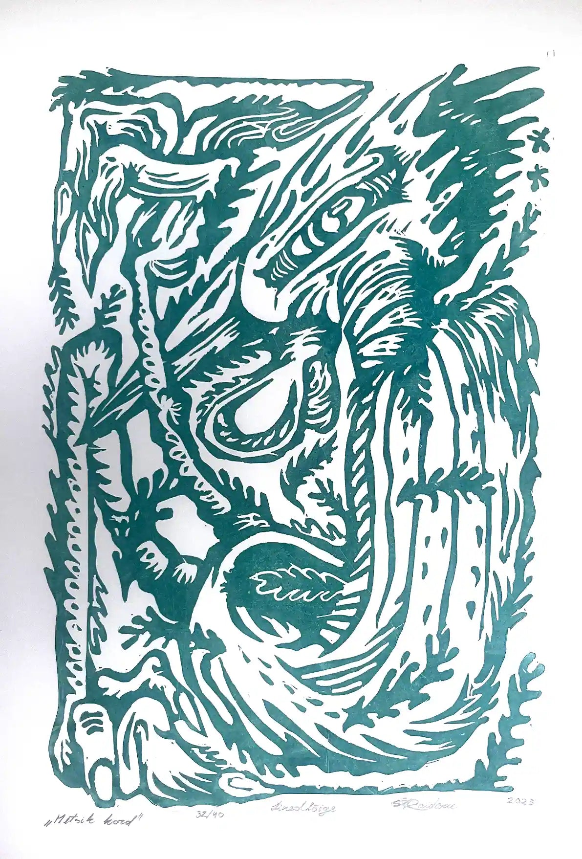 Linocut birld on a white background, inspired by estonian folklore