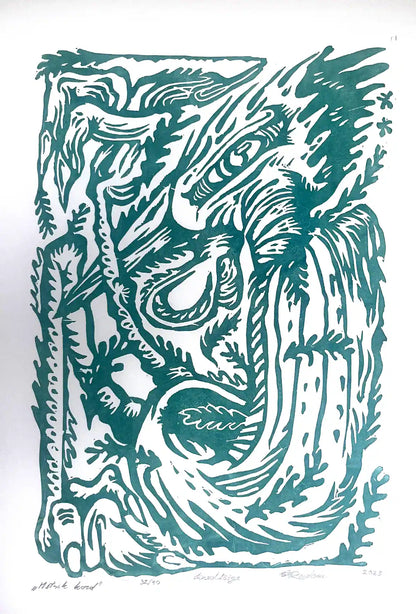 Linocut birld on a white background, inspired by estonian folklore