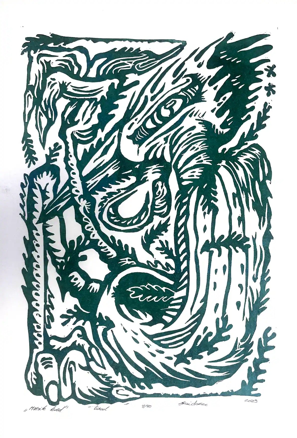 Linocut birld on a white background, inspired by estonian folklore