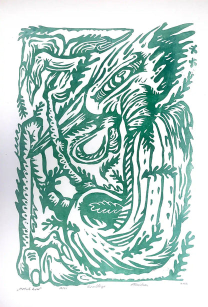 Linocut birld on a white background, inspired by estonian folklore