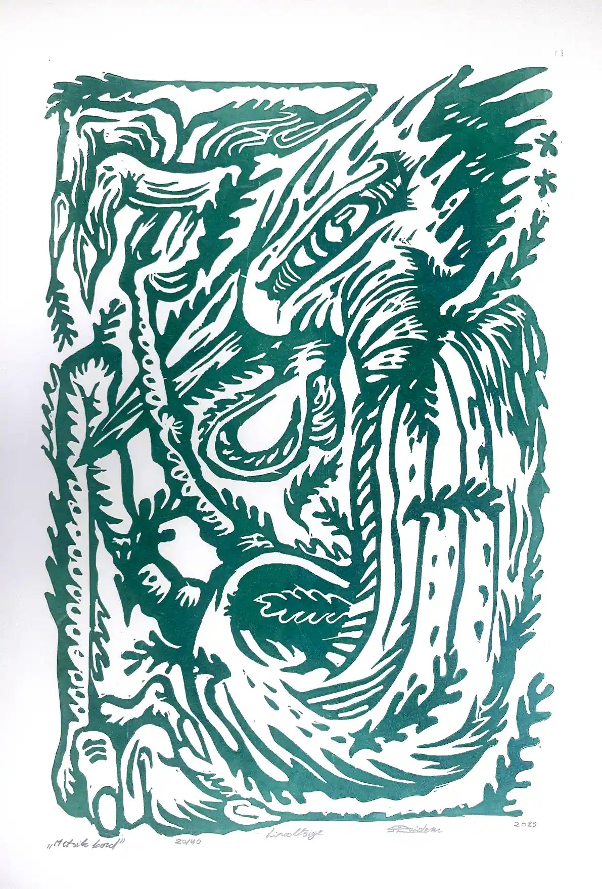 Linocut birld on a white background, inspired by estonian folklore