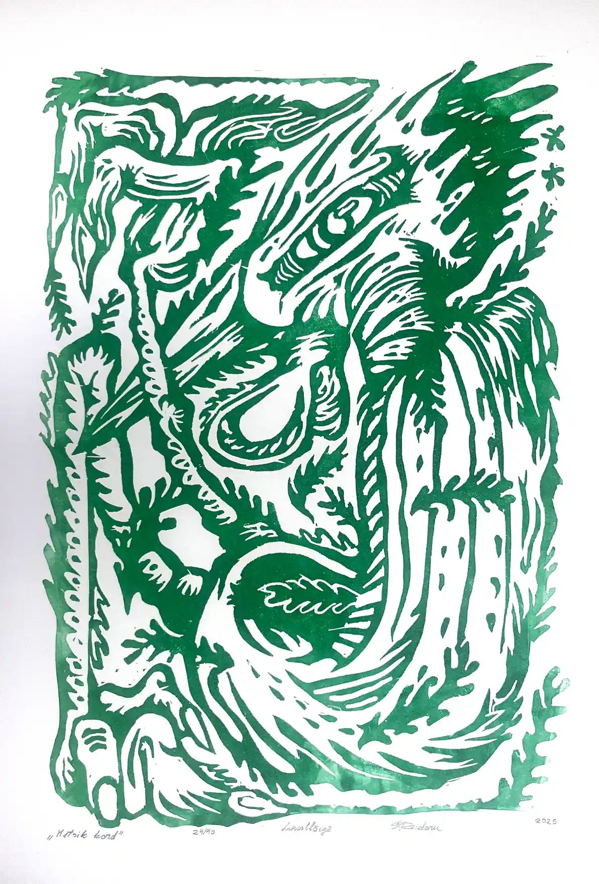 Linocut birld on a white background, inspired by estonian folklore