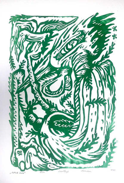 Linocut birld on a white background, inspired by estonian folklore