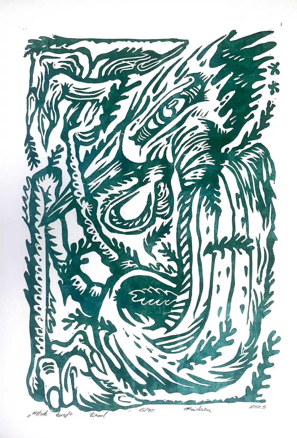 Linocut birld on a white background, inspired by estonian folklore