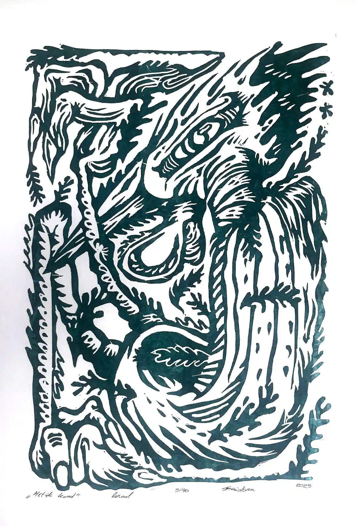 Linocut birld on a white background, inspired by estonian folklore