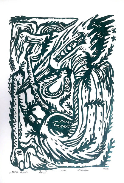 Linocut birld on a white background, inspired by estonian folklore