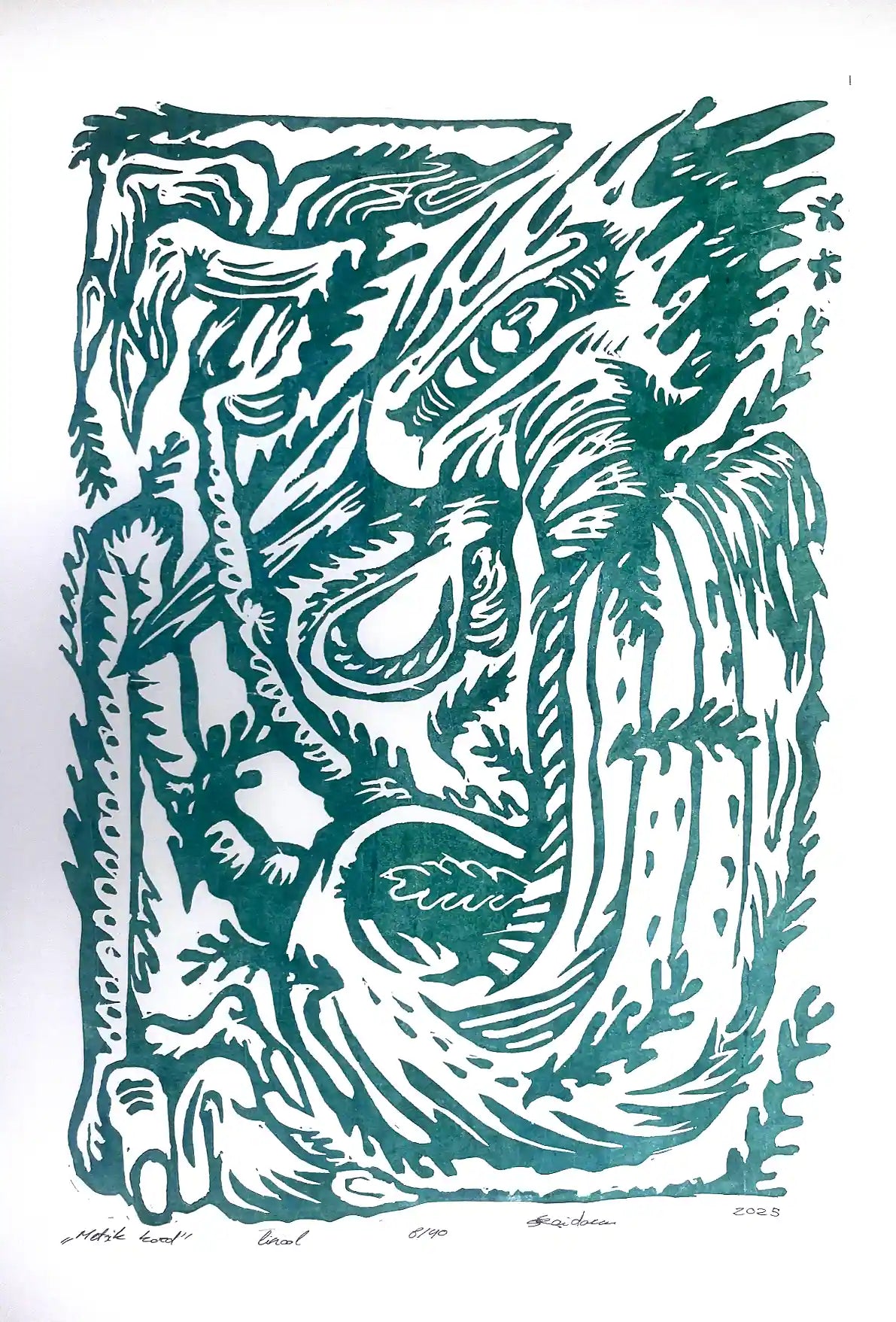 Linocut birld on a white background, inspired by estonian folklore