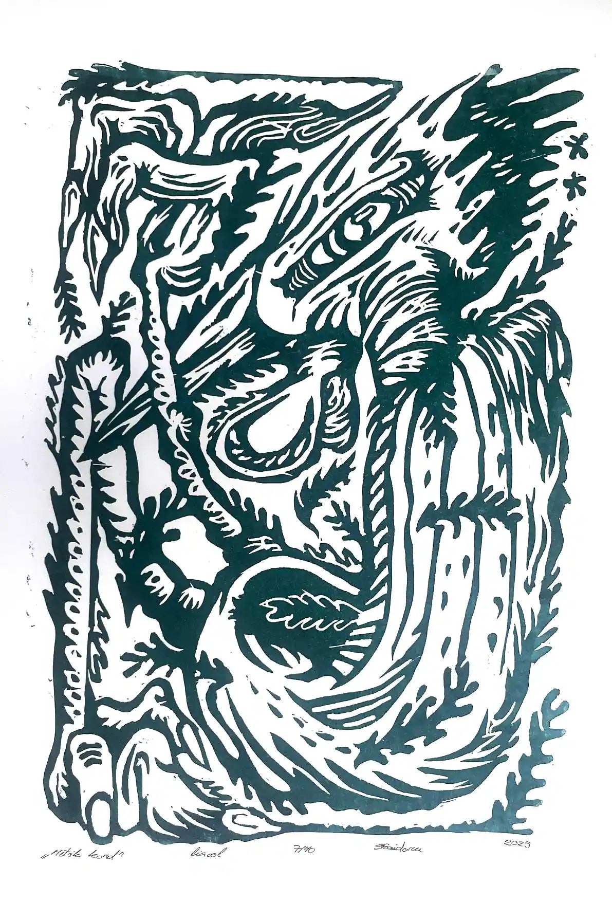 Linocut birld on a white background, inspired by estonian folklore