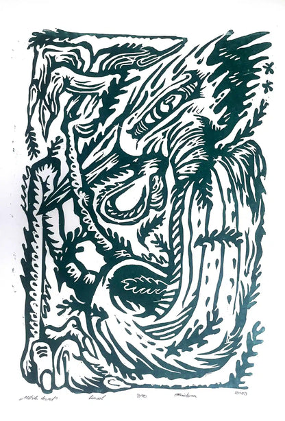 Linocut birld on a white background, inspired by estonian folklore