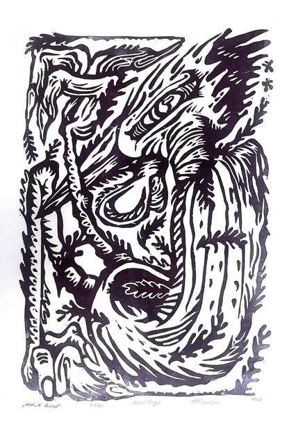 Linocut birld on a white background, inspired by estonian folklore