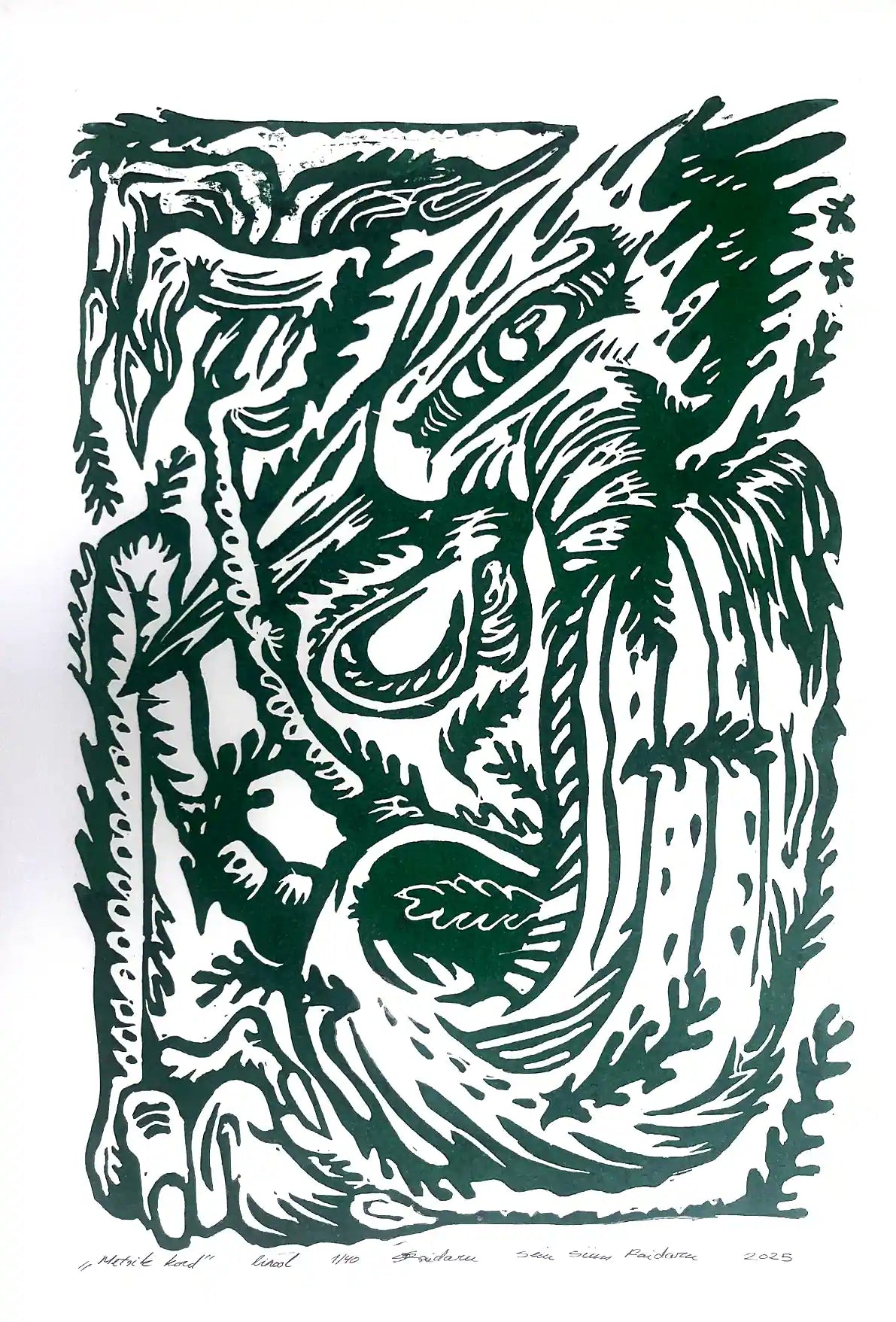 Linocut birld on a white background, inspired by estonian folklore