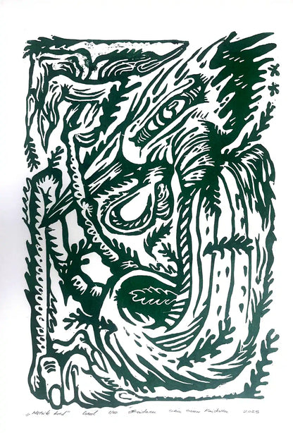 Linocut birld on a white background, inspired by estonian folklore