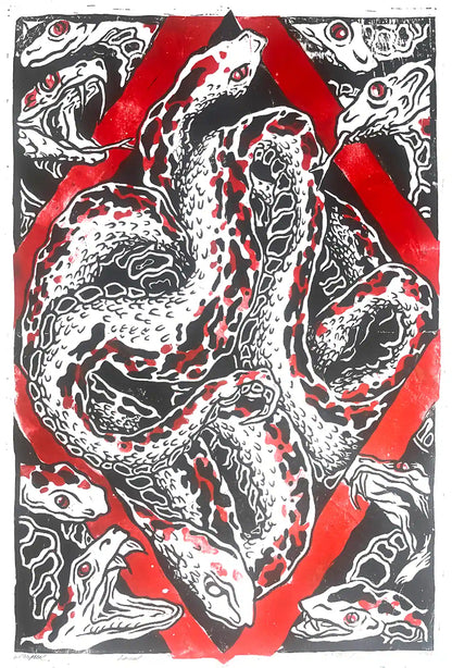 Snakes nest linocut print Esonian folklore. Red border black illustration