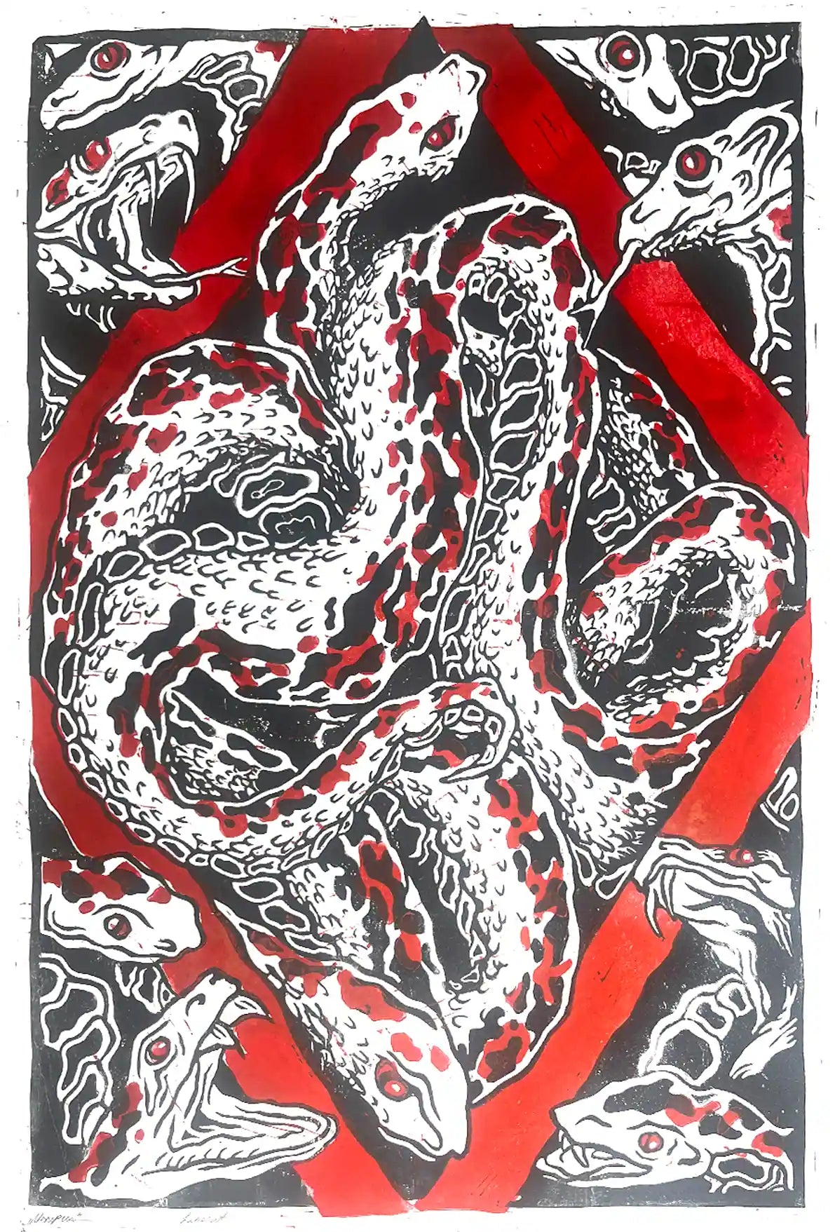 Snakes nest linocut print Esonian folklore. Red border black illustration