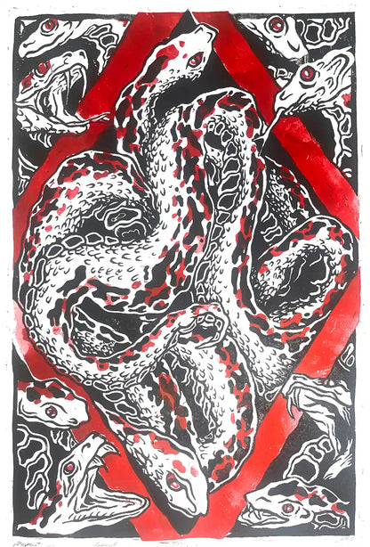 Snakes nest linocut print Esonian folklore. Red border black illustration