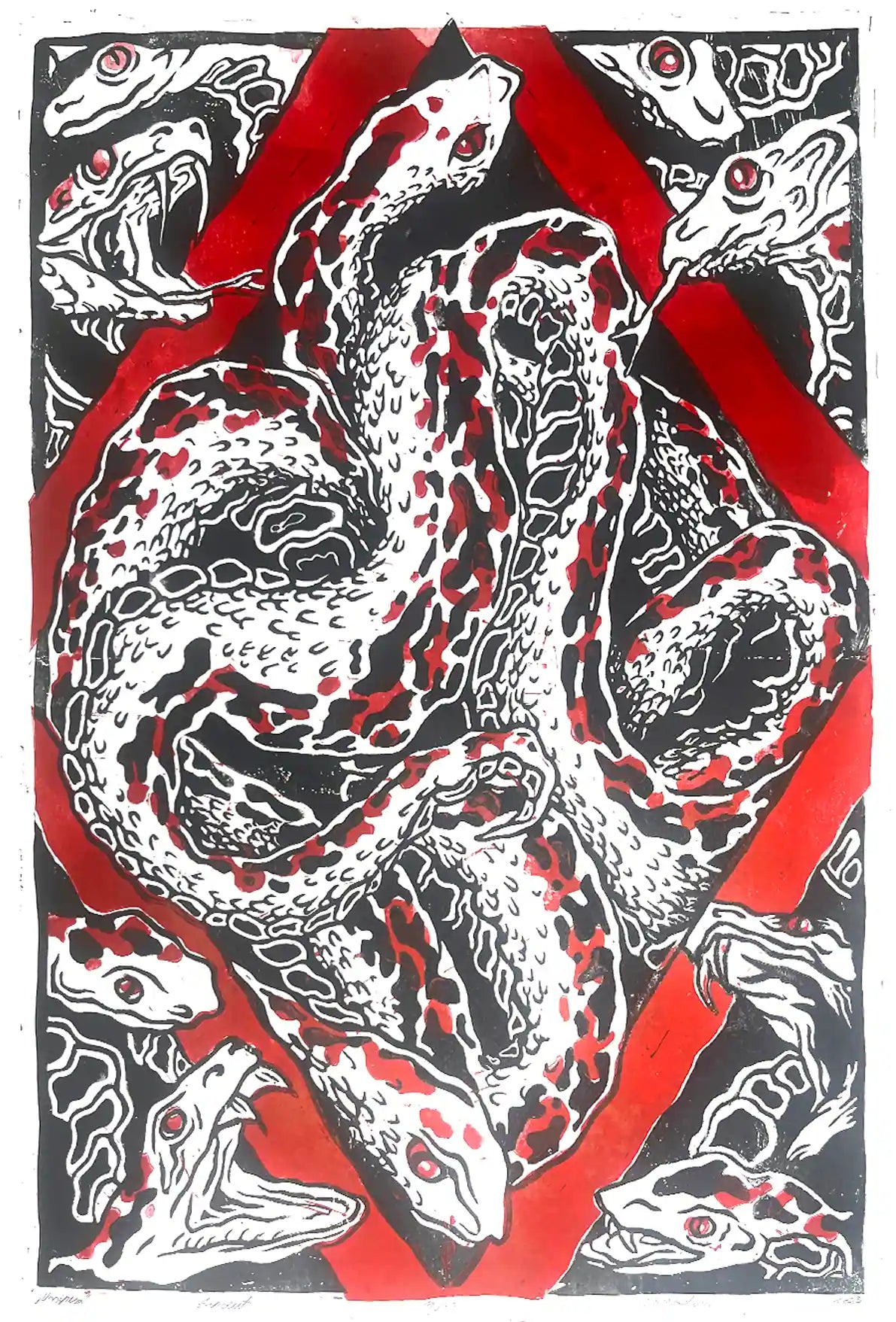 Snakes nest linocut print Esonian folklore. Red border black illustration