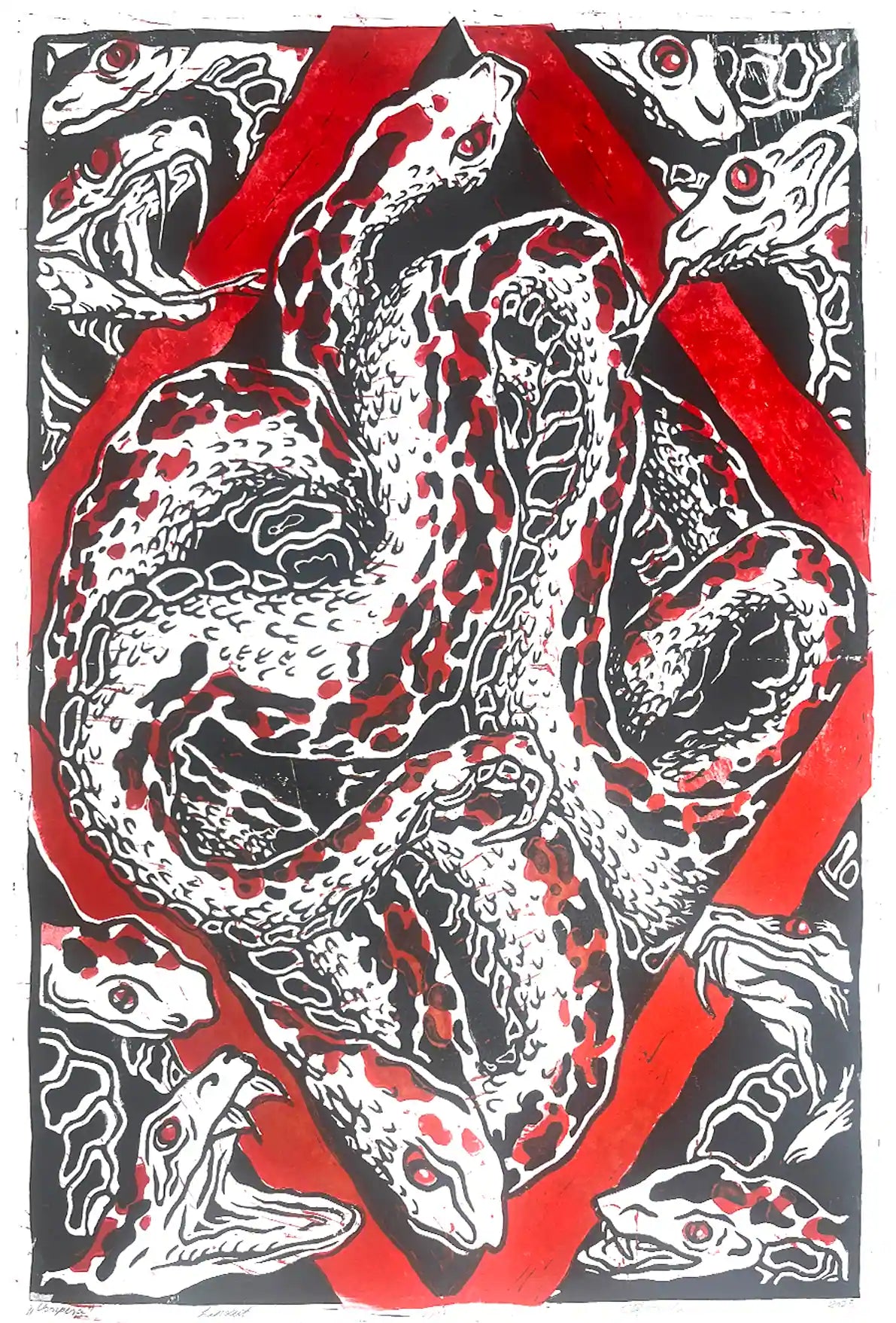 Snakes nest linocut print Esonian folklore. Red border black illustration
