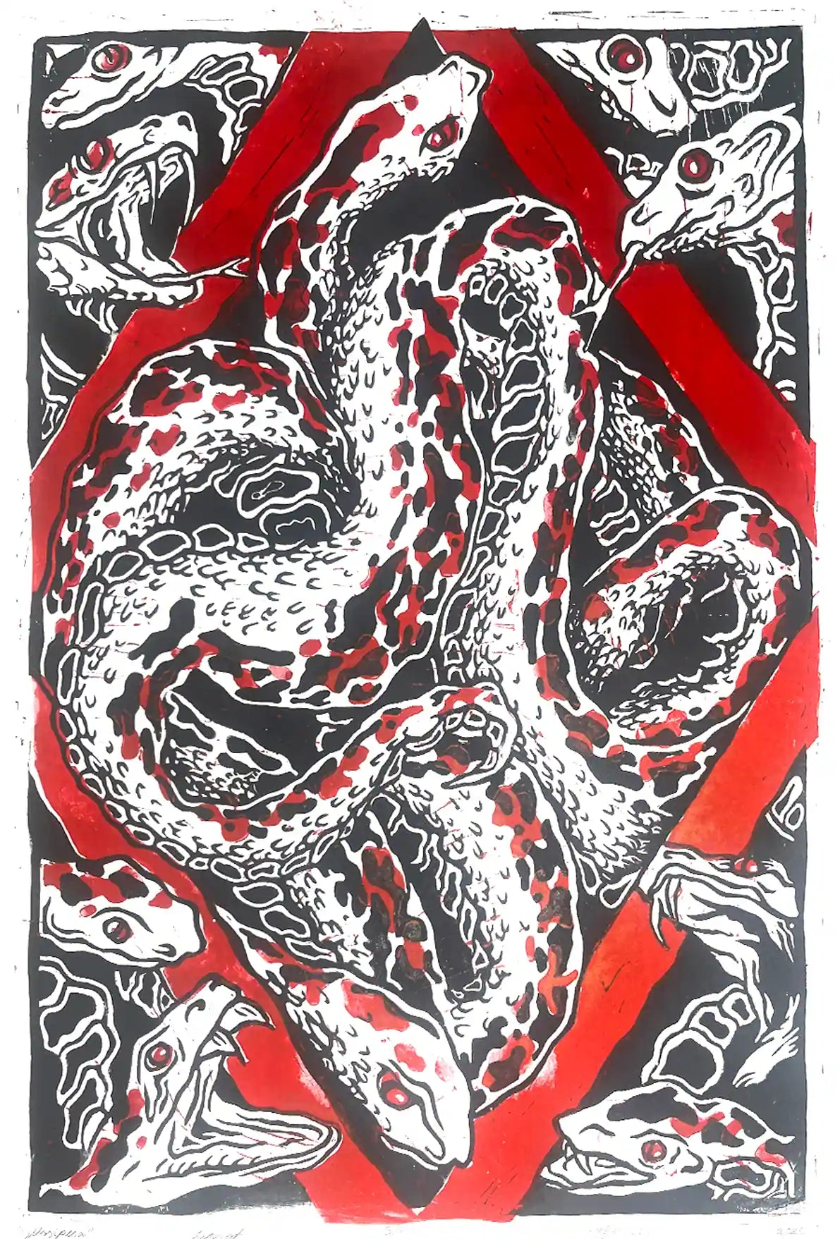 Snakes nest linocut print Esonian folklore. Red border black illustration