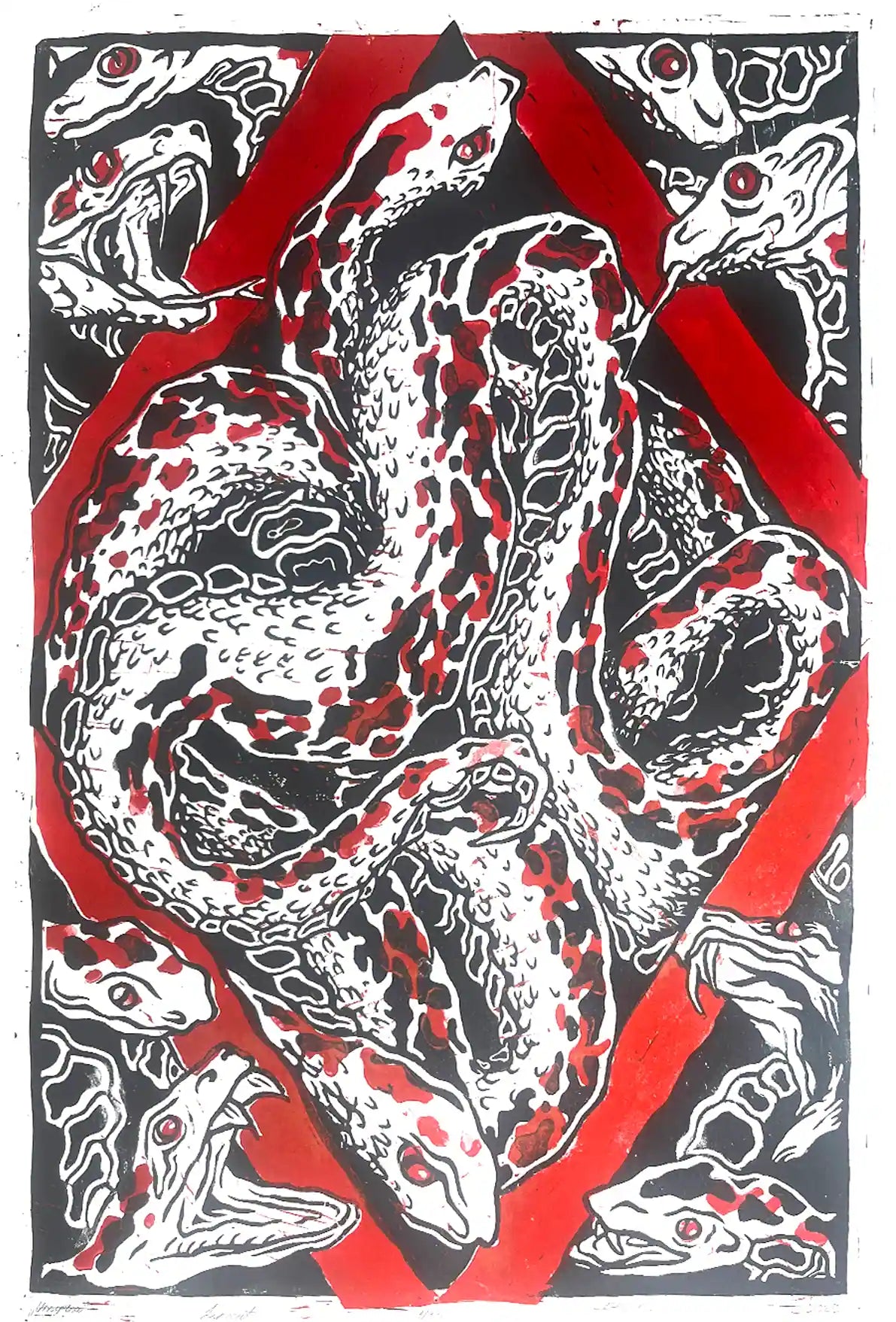 Snakes nest linocut print Esonian folklore. Red border black illustration