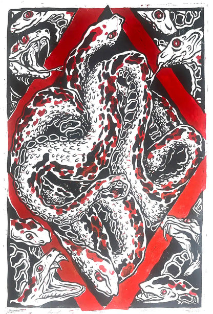 Snakes nest linocut print Esonian folklore. Red border black illustration
