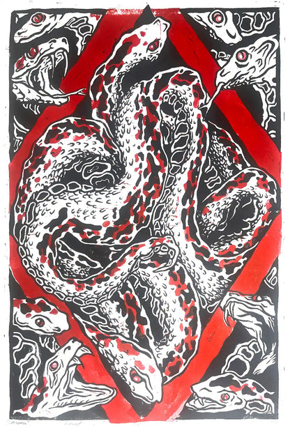 Snakes nest linocut print Esonian folklore. Red border black illustration