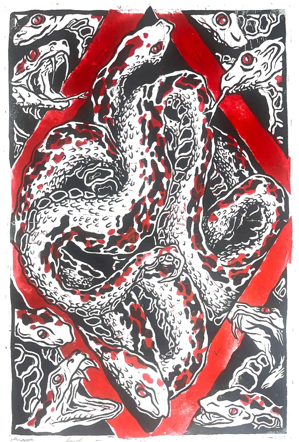 Snakes nest linocut print Esonian folklore. Red border black illustration