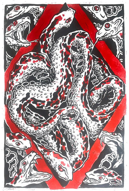 Snakes nest linocut print Esonian folklore. Red border black illustration