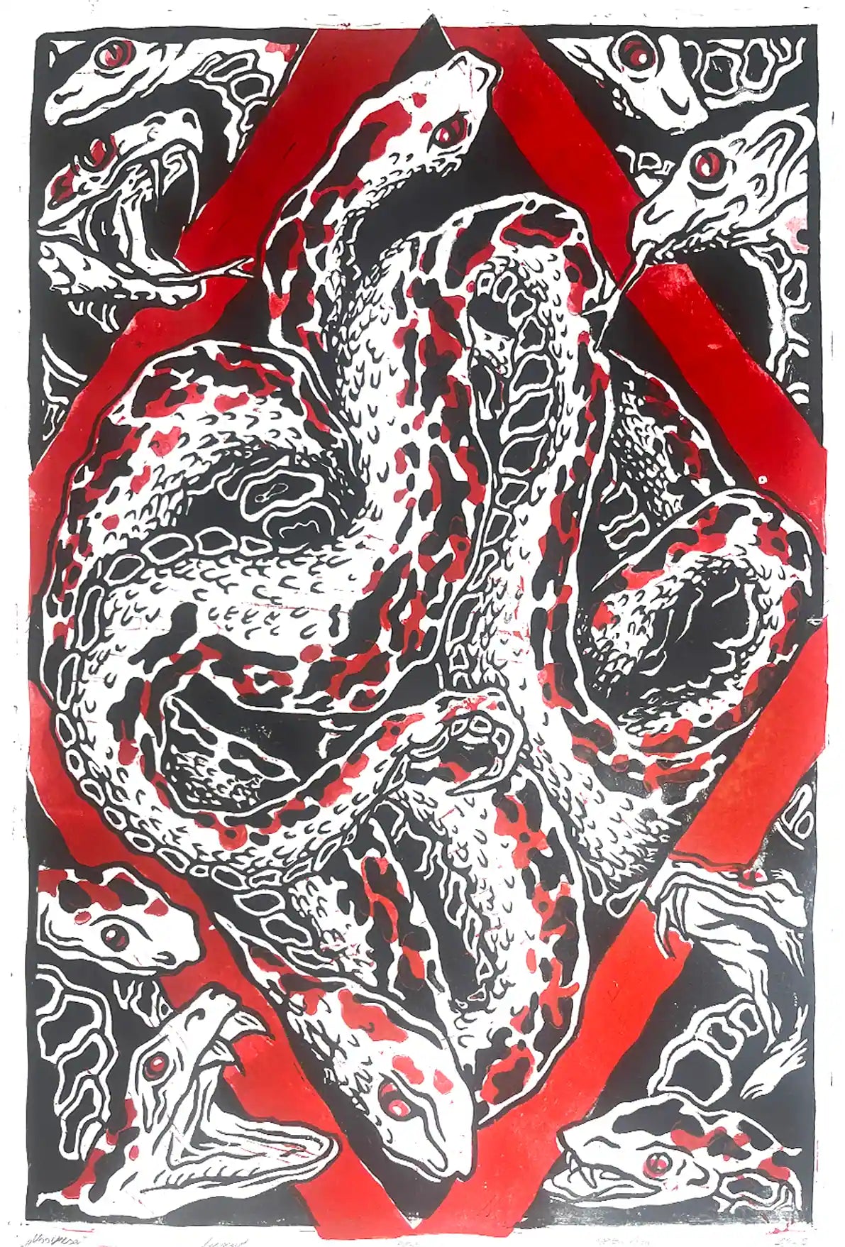 Snakes nest linocut print Esonian folklore. Red border black illustration