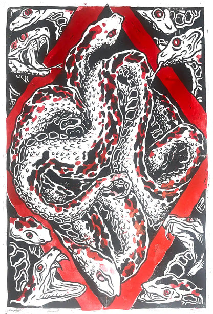 Snakes nest linocut print Esonian folklore. Red border black illustration