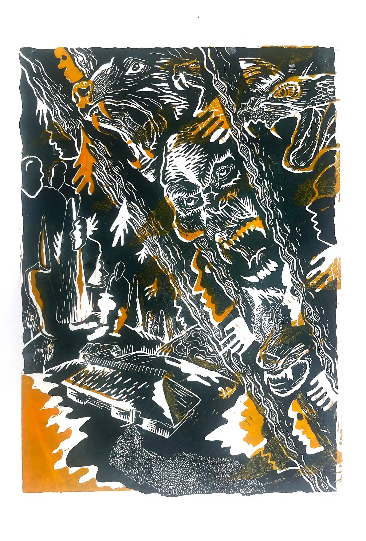 Linocut print esonian folklore Mees Kes Teadis Ussisõnu