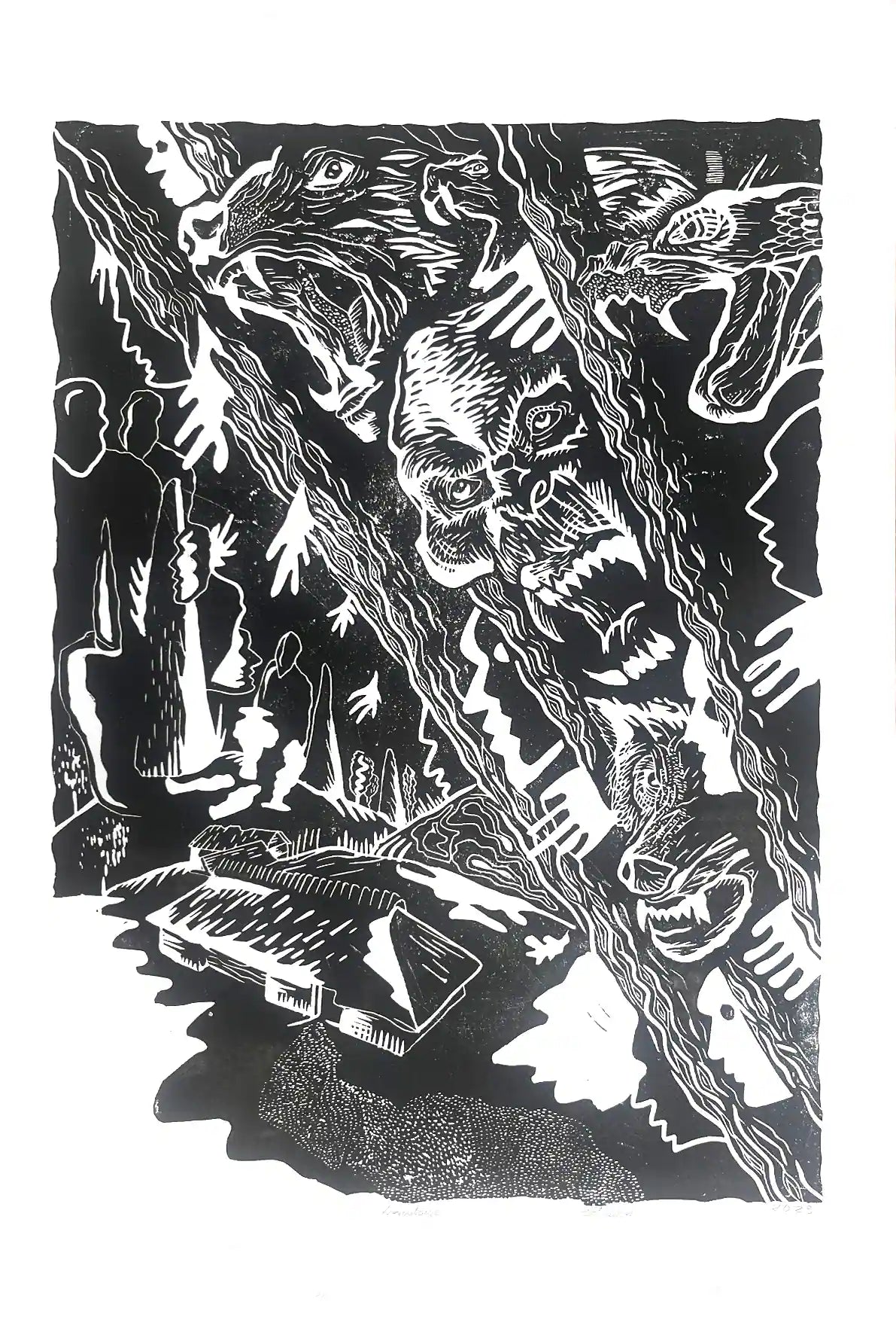 Linocut print esonian folklore Mees Kes Teadis Ussisõnu