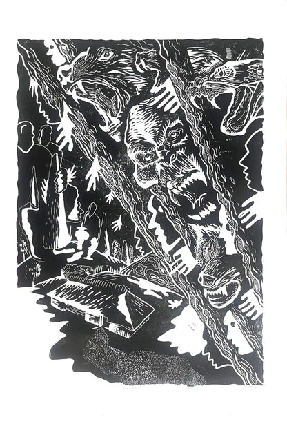 Linocut print esonian folklore Mees Kes Teadis Ussisõnu