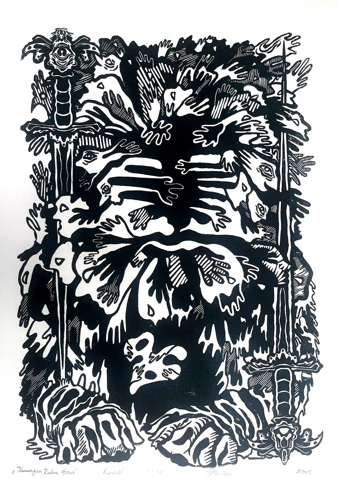 estonian folklore abstract linocut print with hands and symbols on a white background