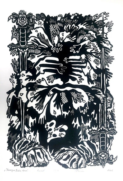 estonian folklore abstract linocut print with hands and symbols on a white background