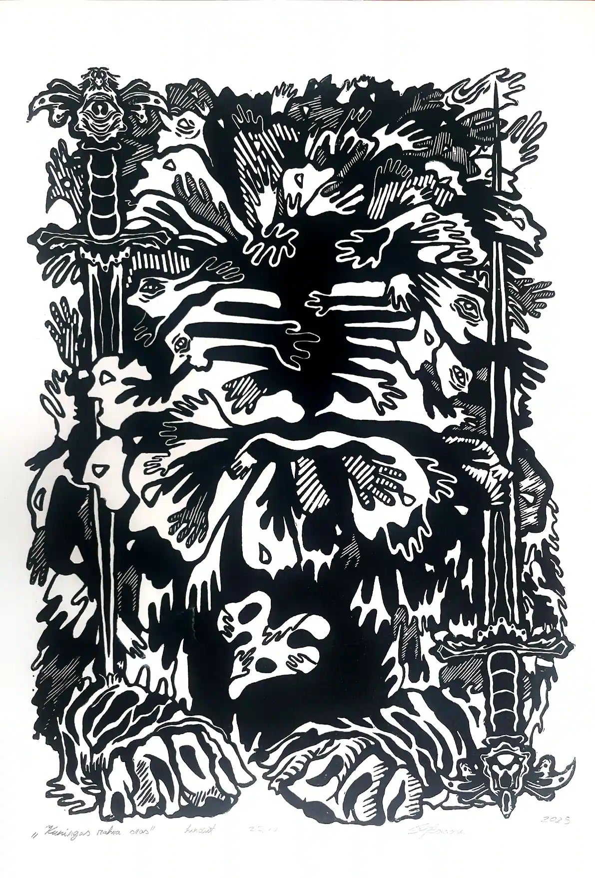 estonian folklore abstract linocut print with hands and symbols on a white background