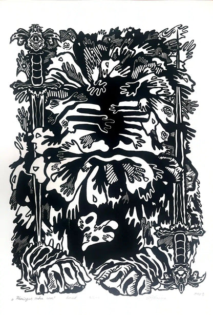 estonian folklore abstract linocut print with hands and symbols on a white background