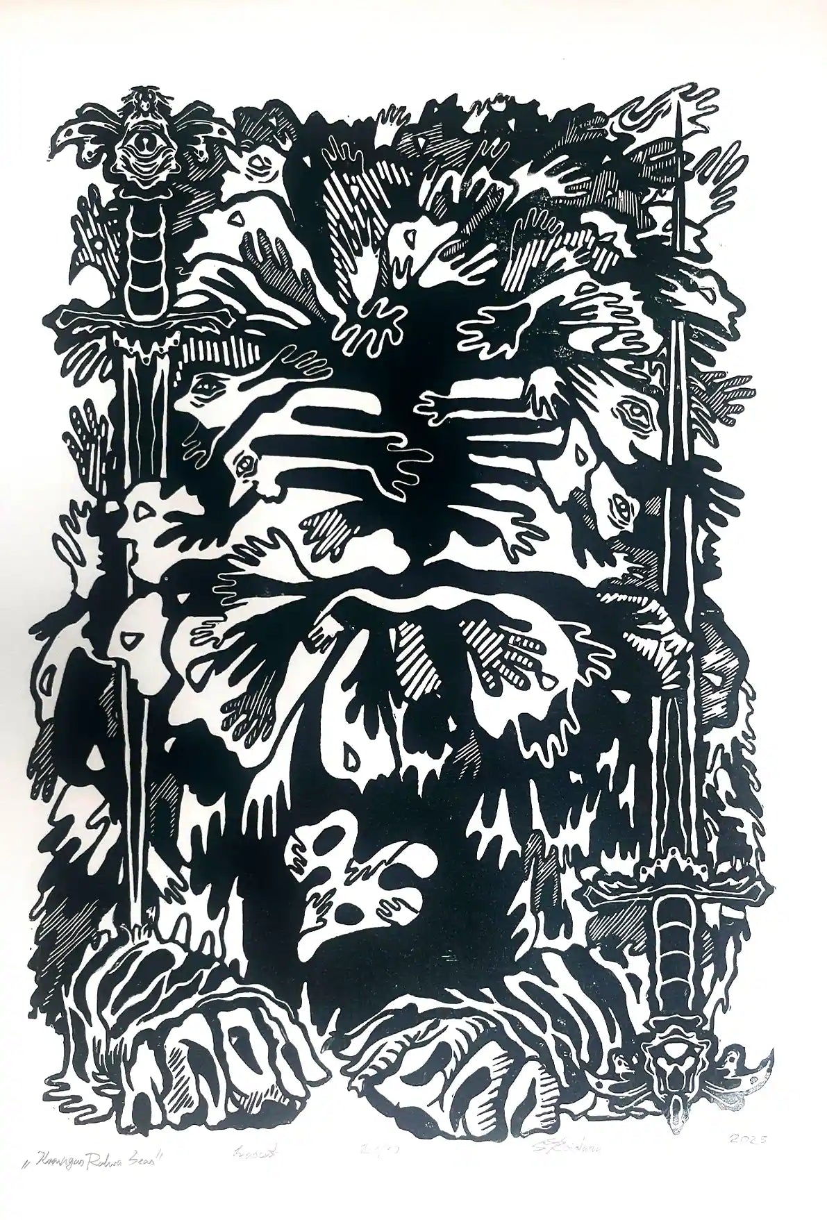 estonian folklore abstract linocut print with hands and symbols on a white background