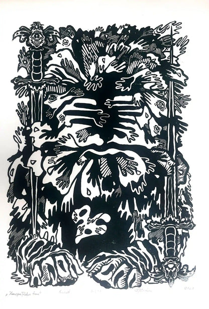 estonian folklore abstract linocut print with hands and symbols on a white background
