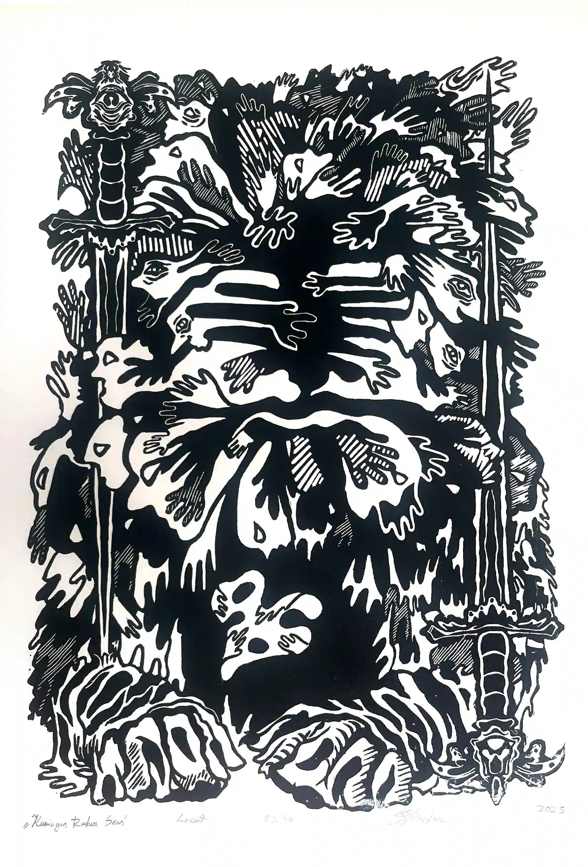 estonian folklore abstract linocut print with hands and symbols on a white background