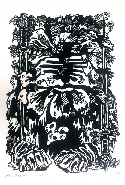 estonian folklore abstract linocut print with hands and symbols on a white background