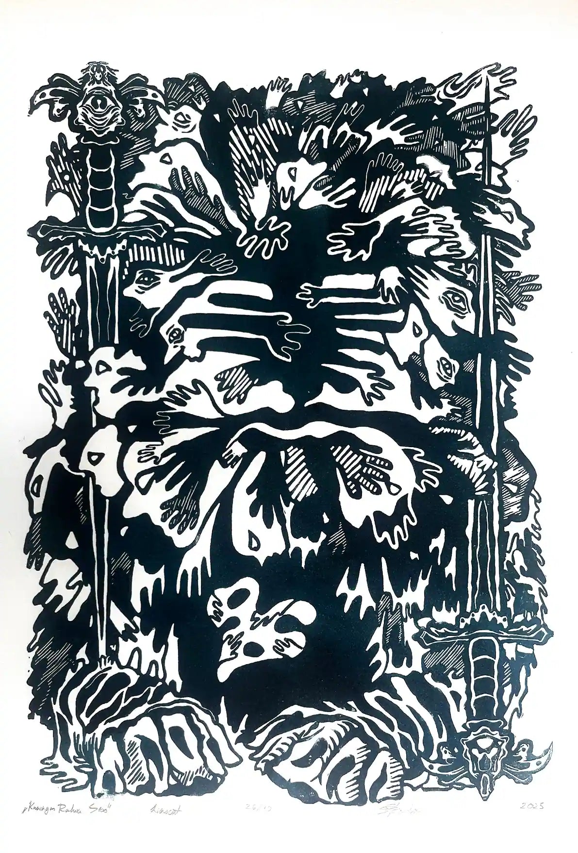estonian folklore abstract linocut print with hands and symbols on a white background