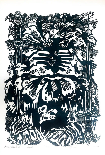 estonian folklore abstract linocut print with hands and symbols on a white background